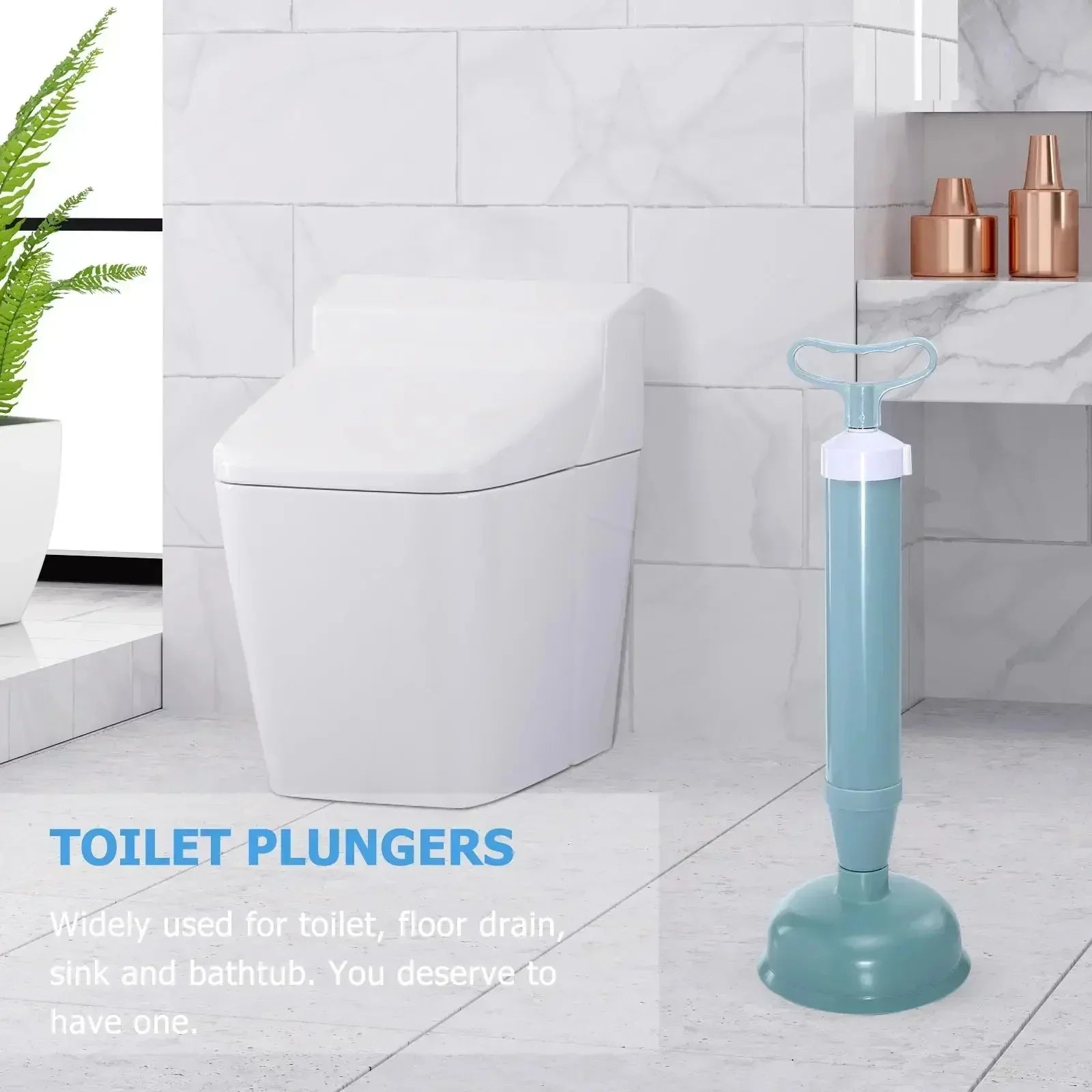 Modern bathroom with white toilet and blue toilet plunger on tiled floor near marble counter