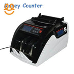 Black and white electronic money counter with digital display and keypad on white background