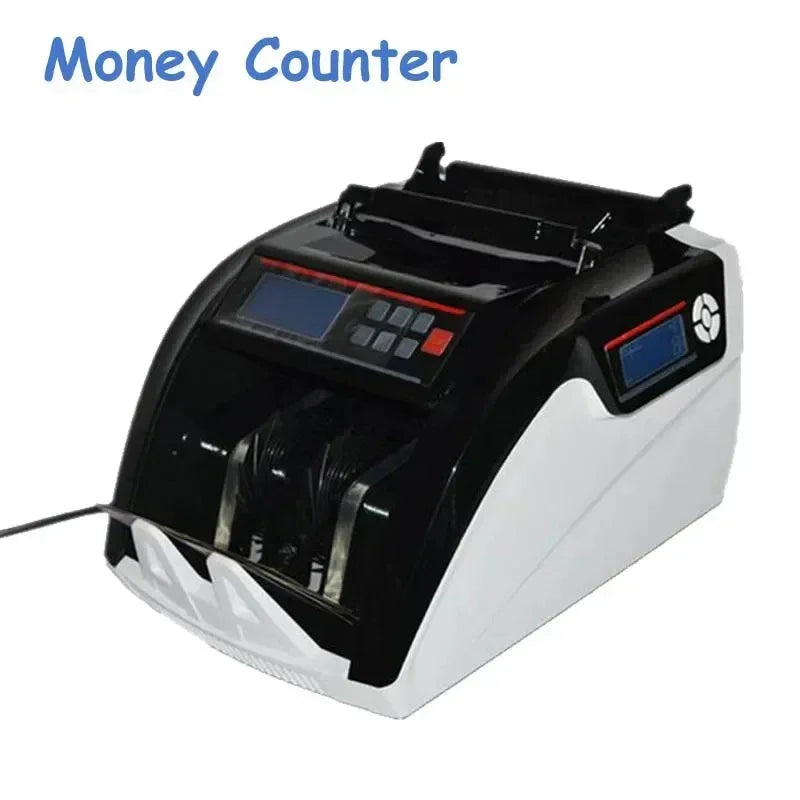 Black and white electronic money counter with digital display and keypad on white background