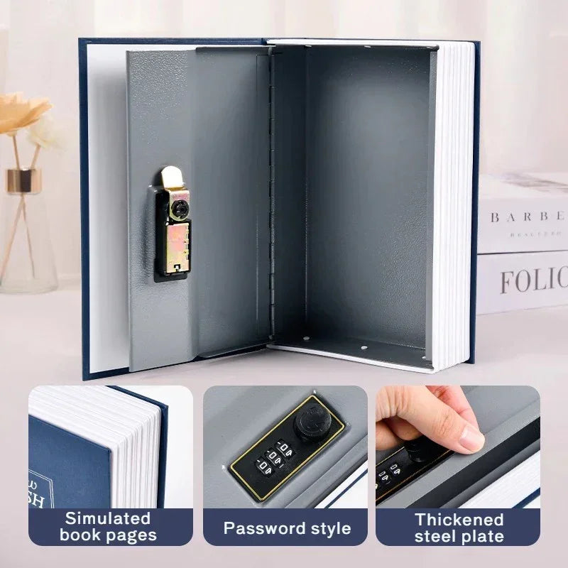 Blue book safe with simulated pages, password lock, and thickened steel plate security