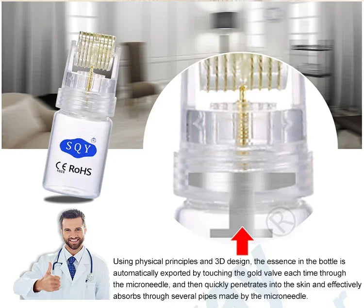 SQY microneedle cartridge for skin absorption with gold valve, medical concept with doctor thumbs up