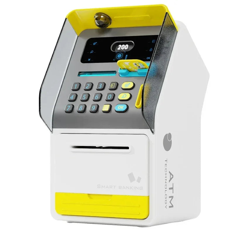 Compact white and yellow smart ATM toy with keypad, card slot, and digital display showing 200