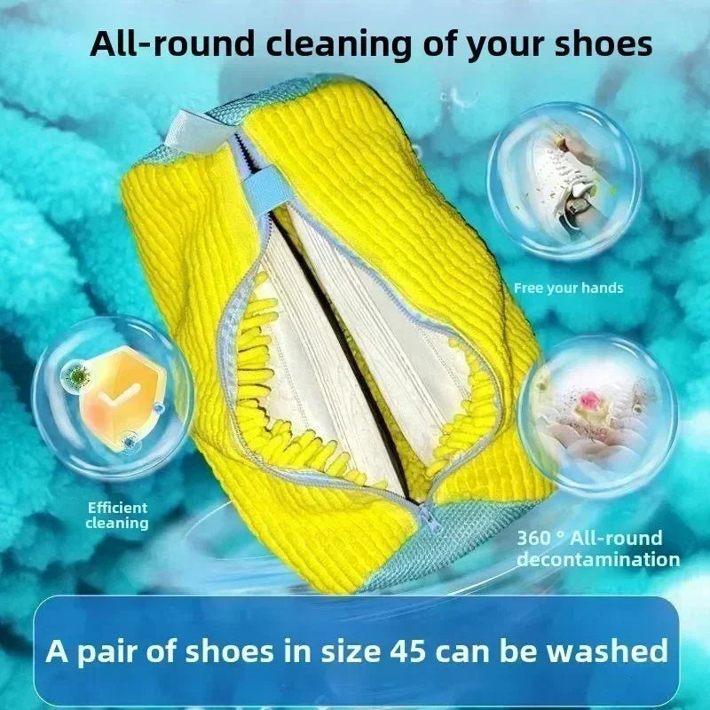 Yellow shoe washing bag with a pair of size 45 shoes inside, highlighting 360° cleaning and decontamination