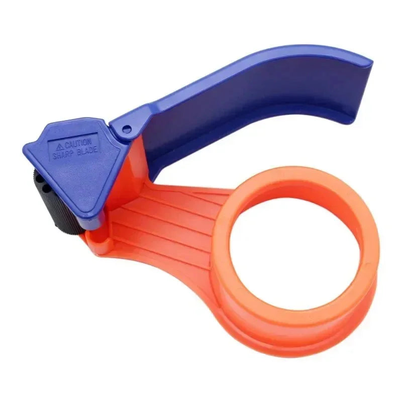 Orange and blue handheld tape dispenser with sharp blade and ergonomic handle for packaging