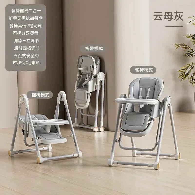 Foldable gray baby high chairs in sitting, rocking, and folded modes on wooden floor with beige background