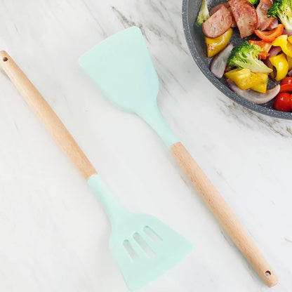 Food Grade Silicone Kitchen Cooking Utensils Practical Cooking Tools Turner Spatula Spoon With Wooden Handle Kitchenware