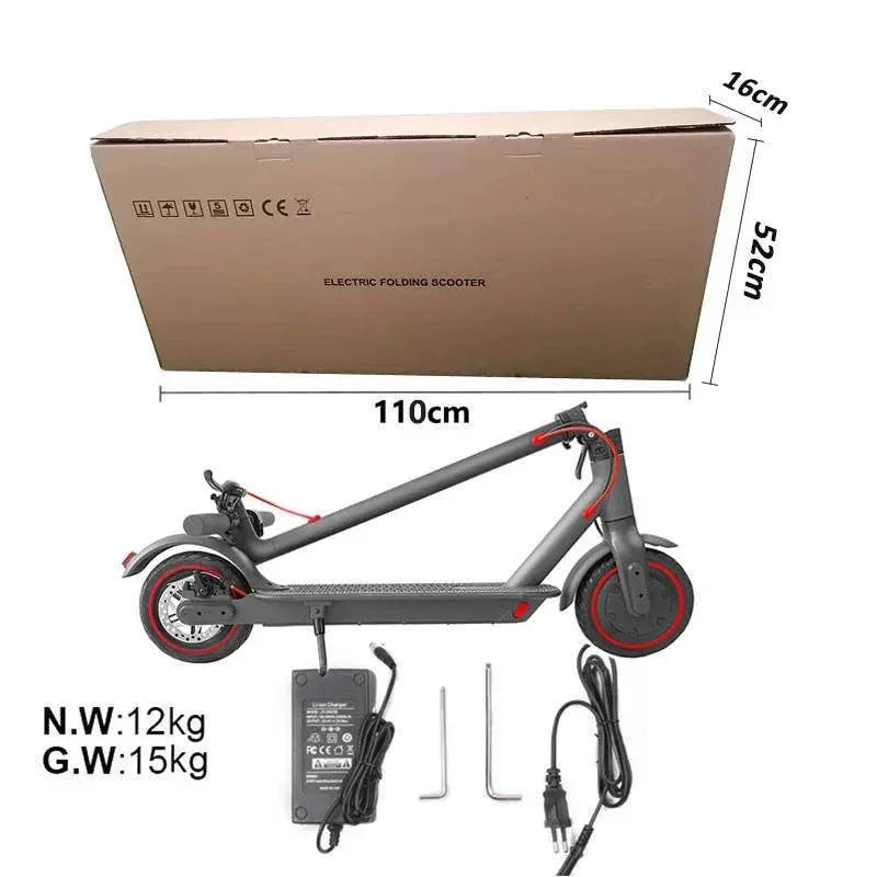 Folded gray electric scooter with red accents, charger, tools, and packaging box showing dimensions