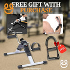 Leg exerciser and arm exerciser fitness equipment with free gift offer text on gym background