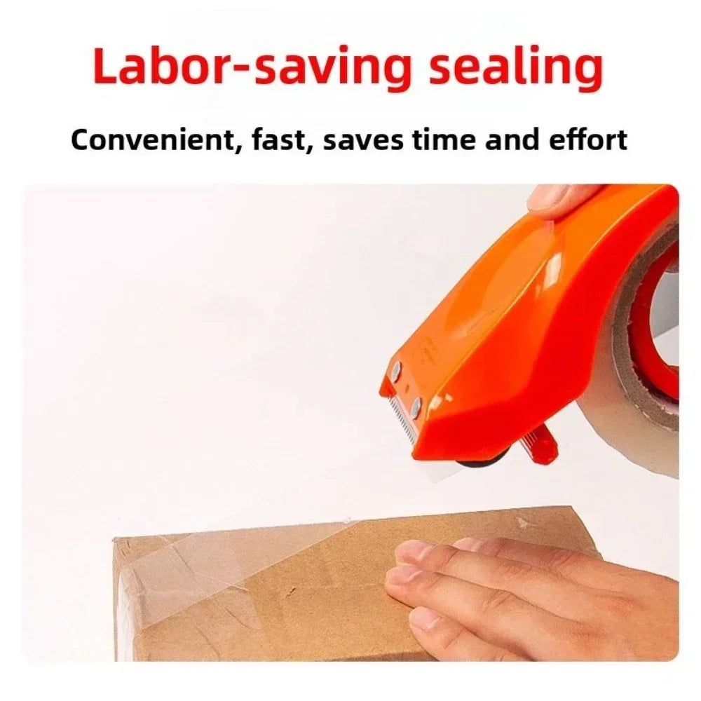 Person sealing a cardboard box with an orange tape dispenser and clear adhesive tape