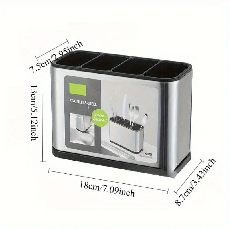 Stainless steel kitchen utensil holder with five compartments and dimensions labeled