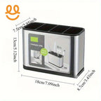 Stainless steel kitchen utensil holder with five compartments and dimensions labeled