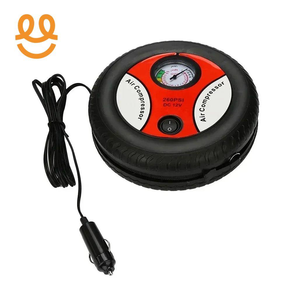 Portable round air compressor with pressure gauge, 260 PSI, 12V DC plug for car inflating