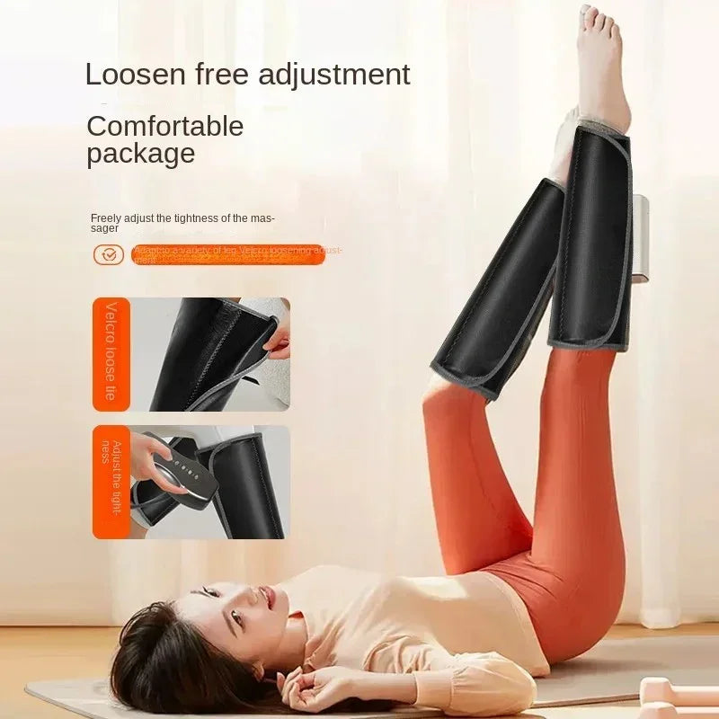 Woman lying on yoga mat using black leg massager with adjustable Velcro straps for comfort