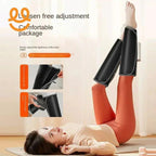 Woman lying on yoga mat using black leg massager with adjustable Velcro straps for comfort