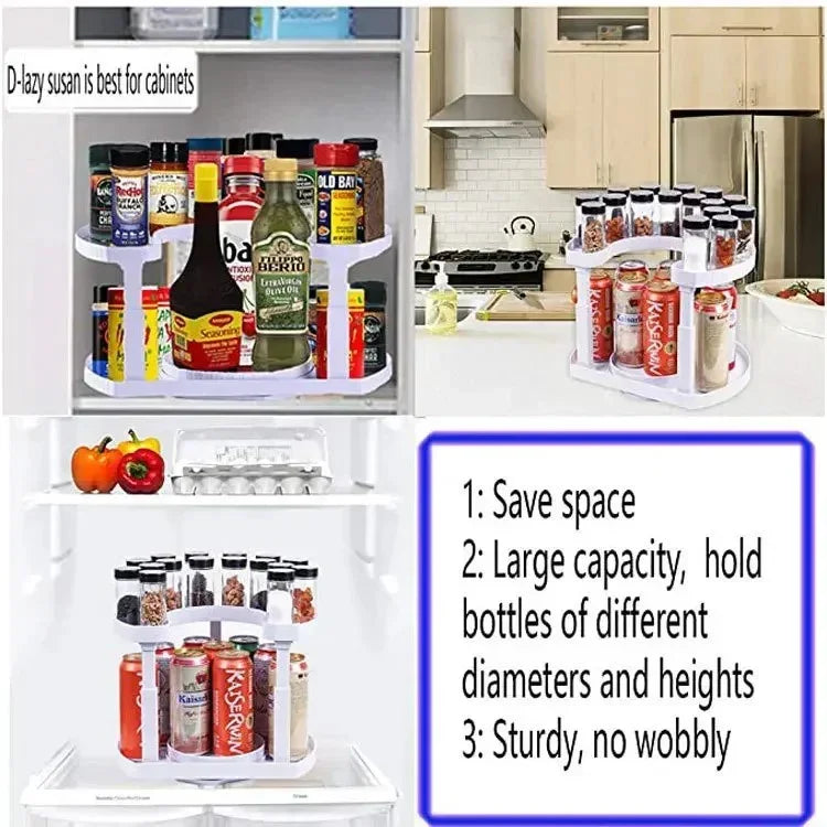 Two-tier rotating kitchen organizer holding spices, bottles, and cans in cabinets and fridge to save space