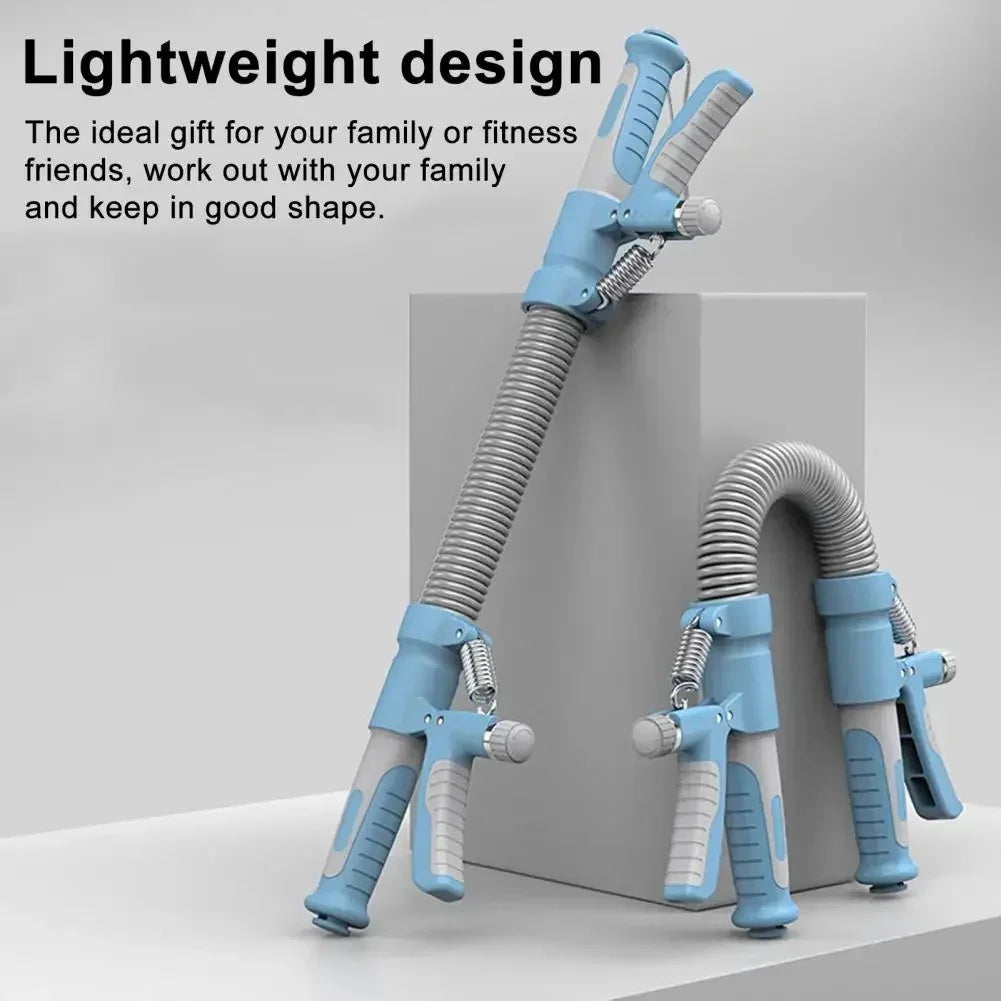 Blue and gray adjustable spring wrist exercisers with lightweight design for fitness and family workouts