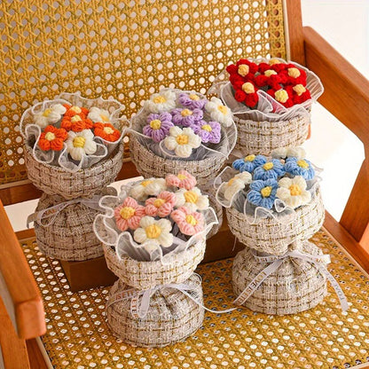 Wool Knitted Bouquet Simulation Puff Flower Classic Style Hand Bouquet Fabric Knitted Flower Bouquet