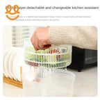Hand lifting double-layer detachable kitchen dehydrator basket draining water into transparent container
