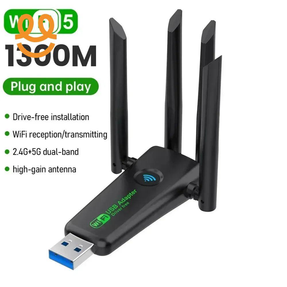 WiFi 5 USB adapter with four high-gain antennas, 1300M dual-band 2.4G+5G plug and play