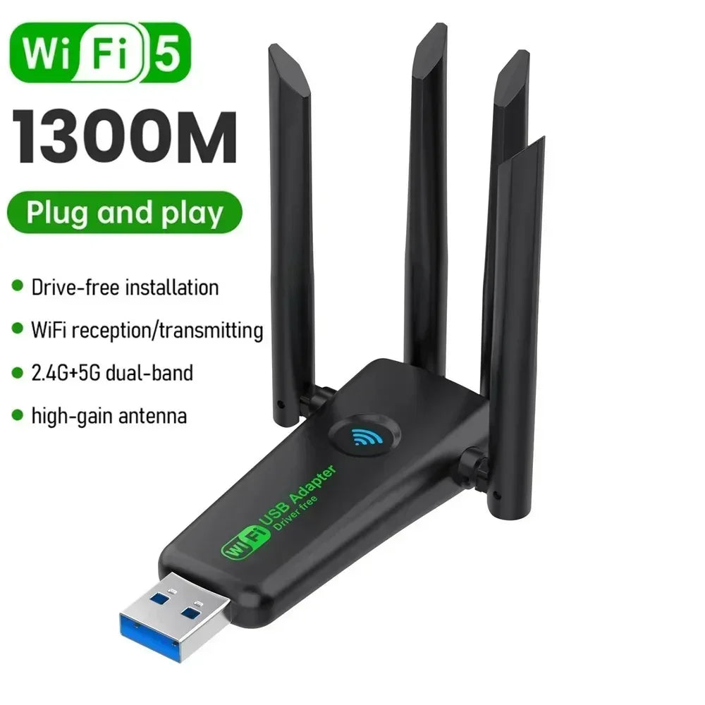 WiFi 5 USB adapter with four high-gain antennas, 1300M dual-band 2.4G+5G plug and play