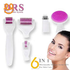 6 in 1 Derma Roller System with microneedle therapy heads and silicone facial brush for skin care