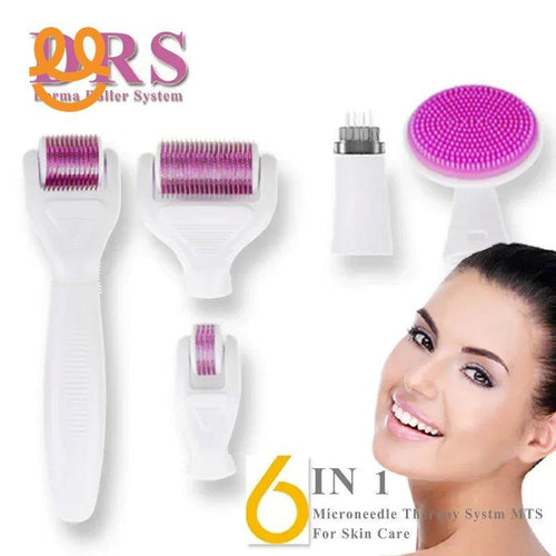 6 in 1 Derma Roller System with microneedle therapy heads and silicone facial brush for skin care