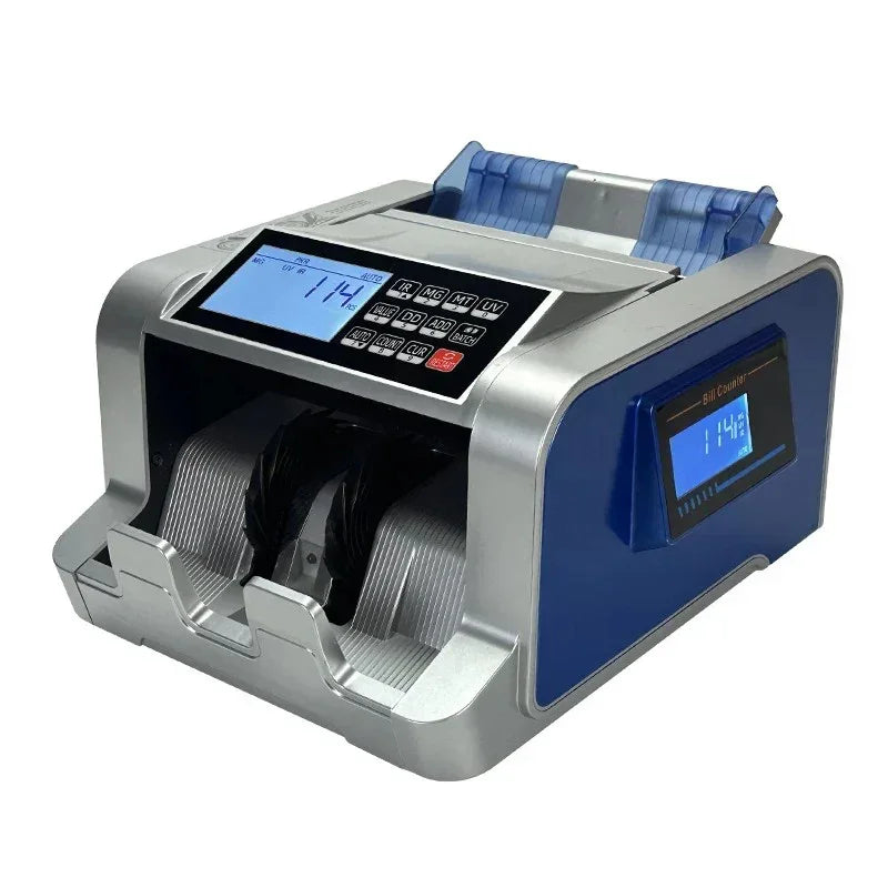 compact modern bill counter with digital display and multiple function buttons in silver and blue