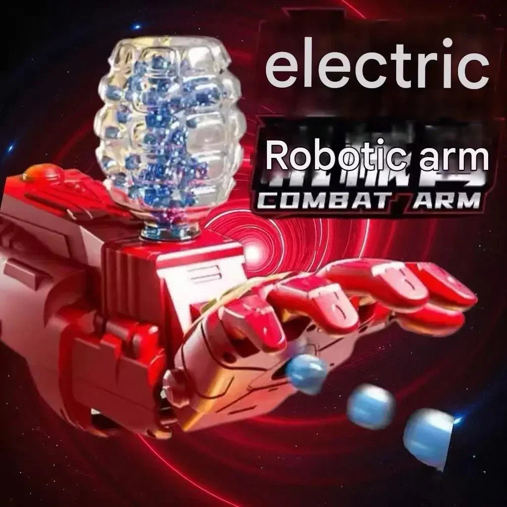 Red electric robotic combat arm with blue projectiles shooting from open fingers on a red vortex background