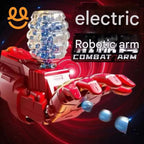 Red electric robotic combat arm with blue projectiles shooting from open fingers on a red vortex background