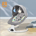 Modern gray baby rocker with canopy, hanging moon and star toys, and safety harness on wooden floor
