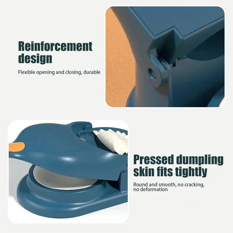 Blue dumpling maker with reinforced hinge and pressed dumpling skin fitting tightly on beige surface