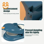 Blue dumpling maker with reinforced hinge and pressed dumpling skin fitting tightly on beige surface