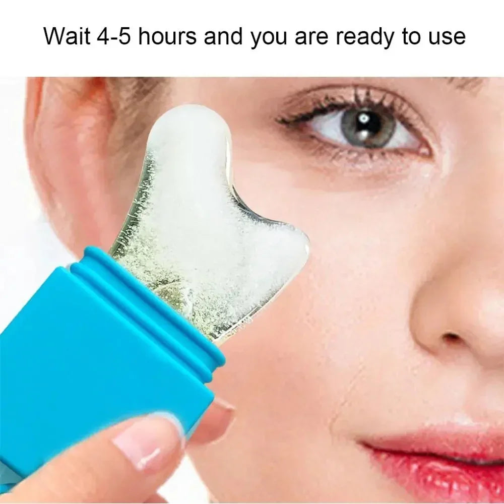 Woman holding blue facial ice roller to cheek with skin care text