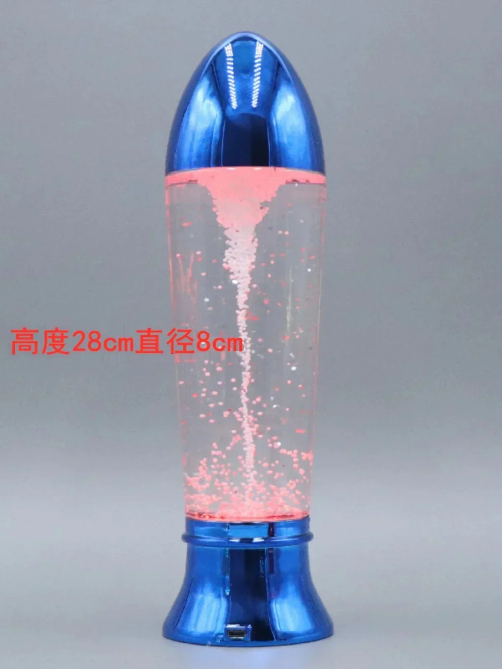 Blue metallic lava lamp with pink bubbles and digital display against gray background