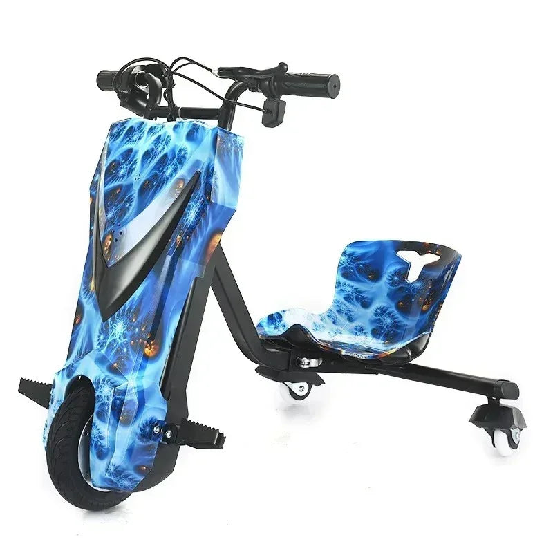 blue electric drift trike with abstract design, single front wheel, rear caster wheels, and ergonomic seat
