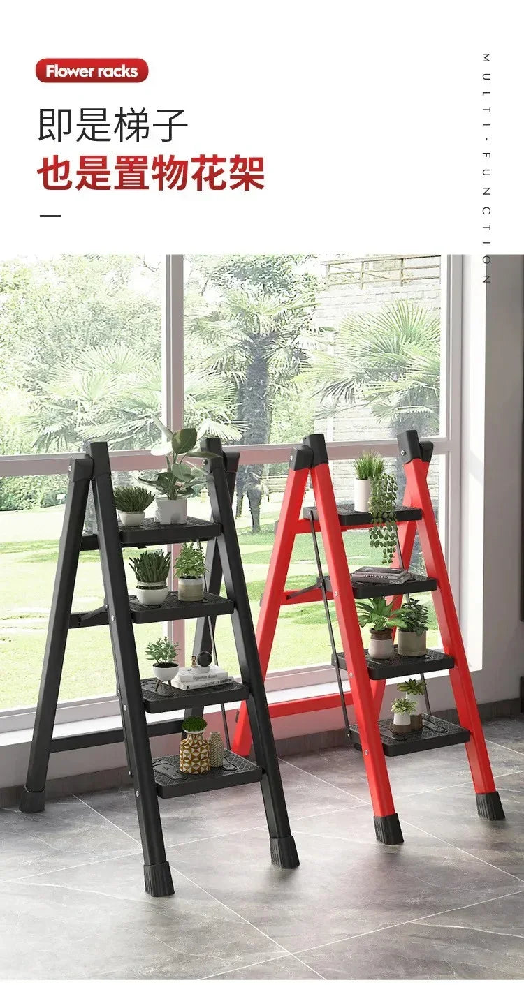 Black and red multi-functional ladder flower racks with small potted plants on shelves by large window