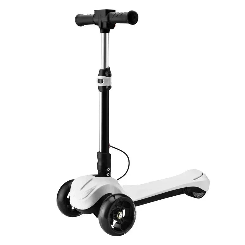 White three-wheeled kids scooter with black handlebar and adjustable stem on white background