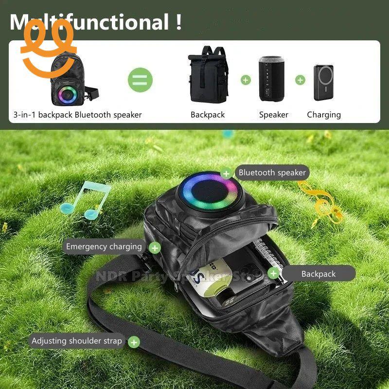 Black 3-in-1 multifunctional backpack with built-in colorful Bluetooth speaker, emergency charging, and adjustable shoulder strap on grass