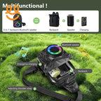 Black 3-in-1 multifunctional backpack with built-in colorful Bluetooth speaker, emergency charging, and adjustable shoulder strap on grass