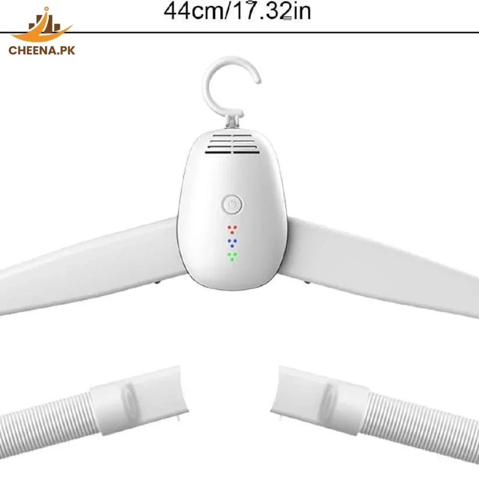 White electric clothes hanger with 44cm width, power button, and LED indicators, on white background