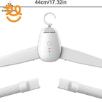 White electric clothes hanger with 44cm width, power button, and LED indicators, on white background