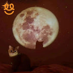 Cat sitting in front of a large full moon projection with another cat's silhouette visible