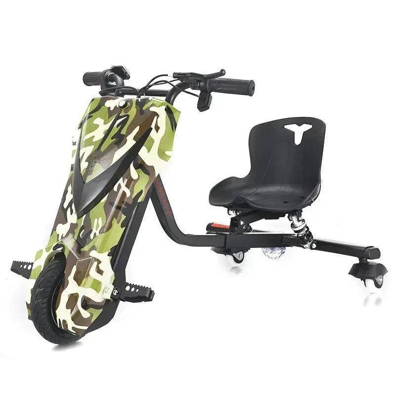 green camouflage electric drift trike with black seat and single front wheel on white background
