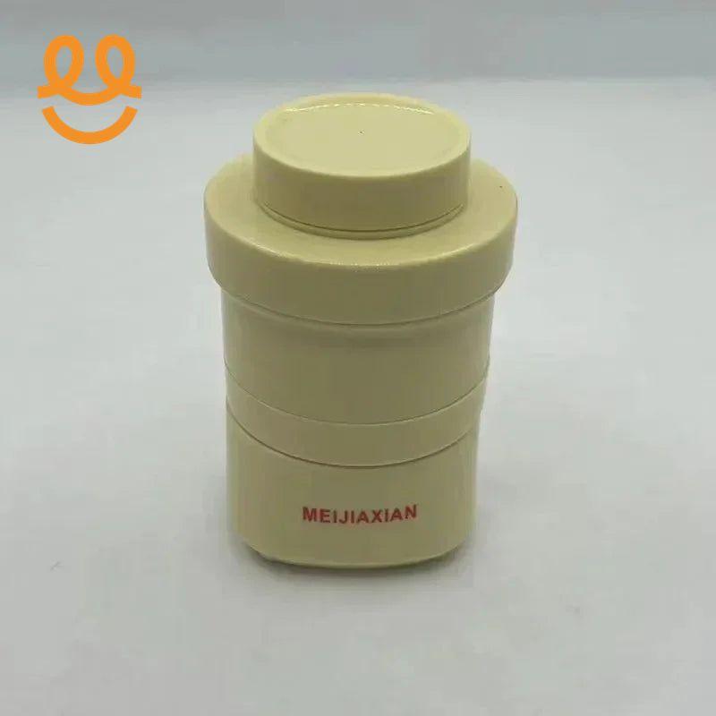 Beige cylindrical plastic container with a screw-top lid and MEIJiaXIAN printed in red