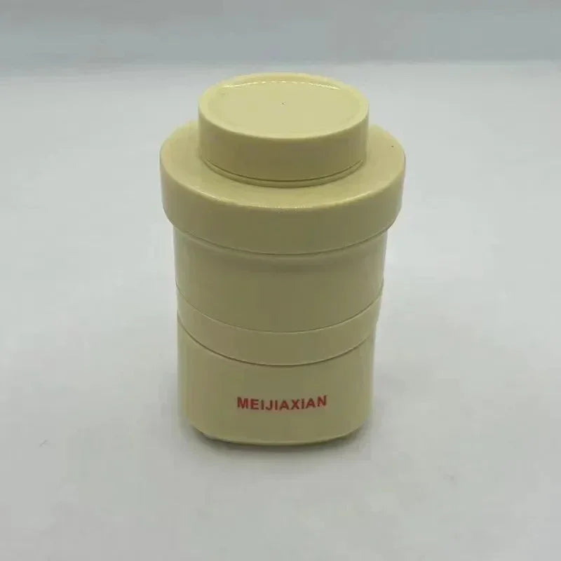 Beige cylindrical plastic container with a screw-top lid and MEIJiaXIAN printed in red
