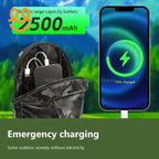 Portable 2500mAh power bank charging smartphone outdoors shown with backpack for emergency use