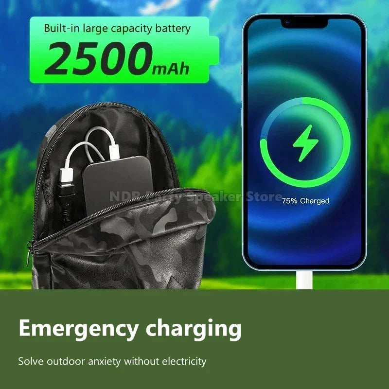 Portable 2500mAh power bank charging smartphone outdoors shown with backpack for emergency use