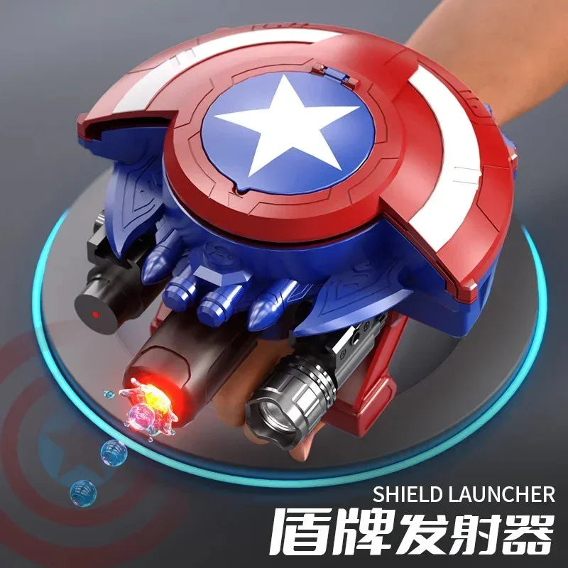 Captain America themed shield launcher toy with red, white, and blue design, held in hand shooting projectiles