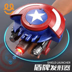 Captain America themed shield launcher toy with red, white, and blue design, held in hand shooting projectiles