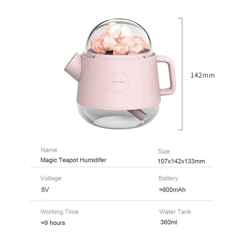 Crystal Air Humidifier USB Rechargeable with Battery Ultrasonic Mist Maker Essential Oil Diffuser for Home Office with LED Light